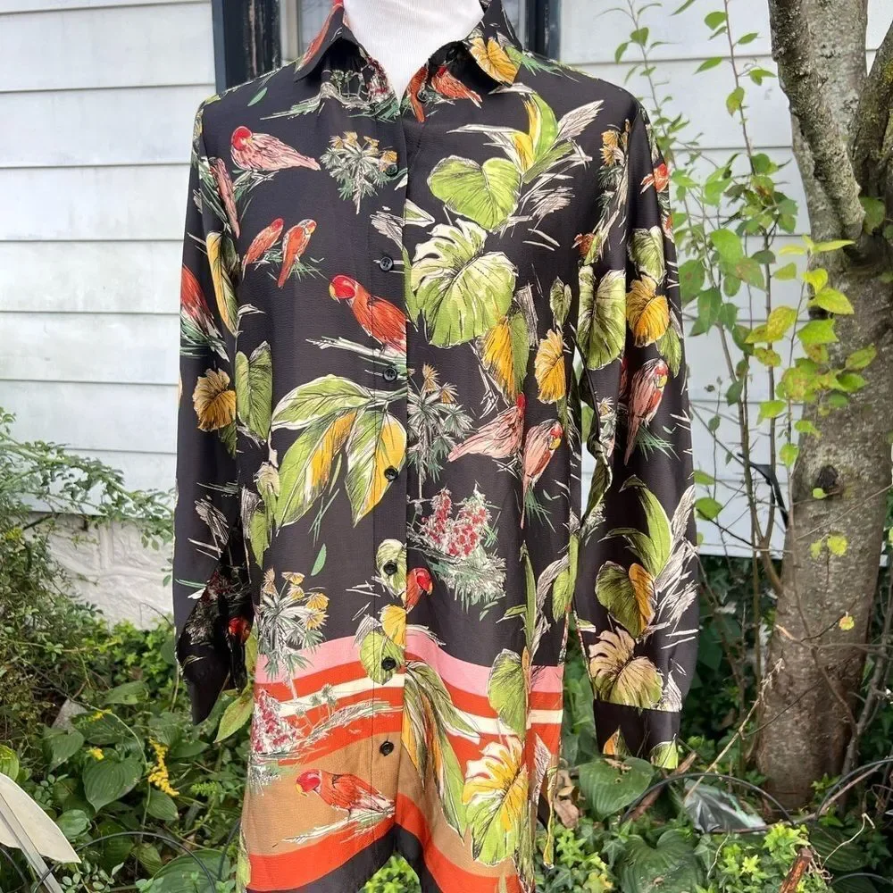 🌸ZARA BLACK LEAF AND PARROT PRINT COLLARED DRESS Size Small (AA4) - Picture 3 of 8